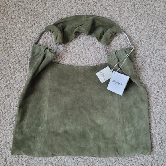 Free People NWT Bobbi Slouch Suede Leather Tote Bag Khaki Color - Picture 2 of 5